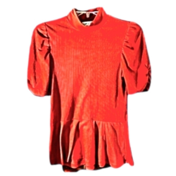 Love + Joy Med Peachy Coral Ribbed Knit Short Sleeves Peplum Mock Turtleneck - Picture 1 of 4